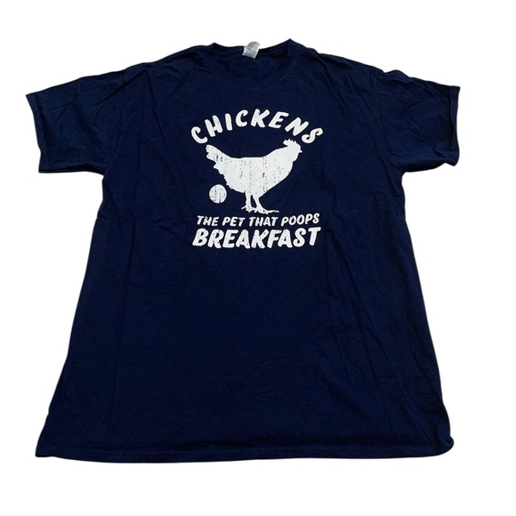 Funny Navy Blue Shirt L Chickens The Pet That Poops Breakfast Fruit of the Loom - Picture 1 of 5
